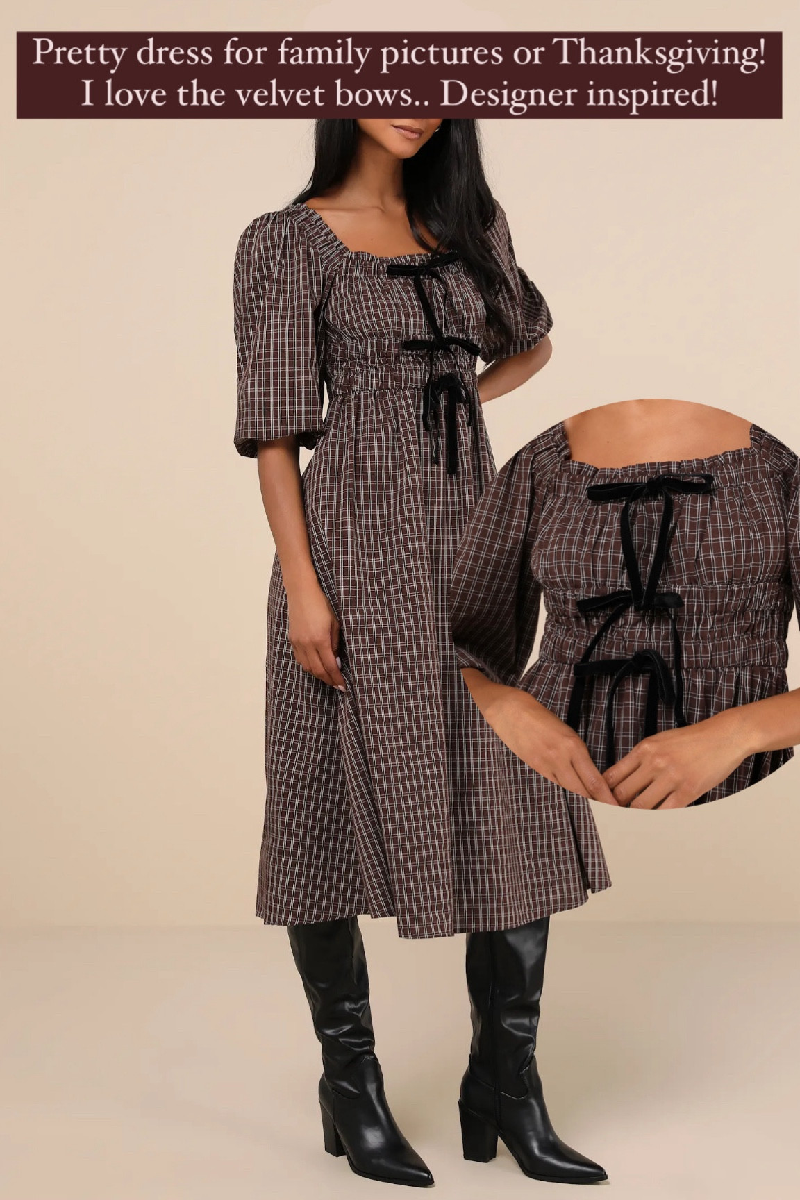 Brown plaid midi dress / velvet bows midi dress / thanksgiving day dress / thanksgiving day outfit 

#LTKHoliday #LTKFindsUnder100