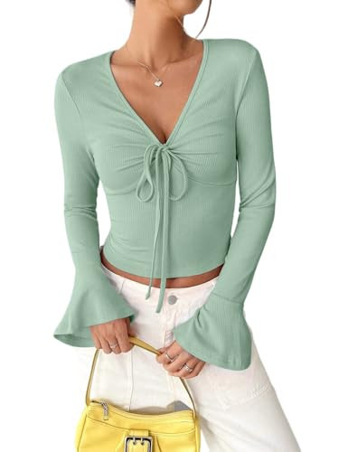 Weardear Damen Langarmshirt V-Ausschnitt Elegant Oberteile Ausgestellte Ärmel Bluse Schlankes Elastisches Basic Tops Top mit Kordelzug hellgrün XL | Amazon (DE)