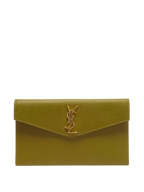Saint Laurent - Uptown Ysl-plaque Grained-leather Clutch Bag - Womens - Khaki | Matches (US)