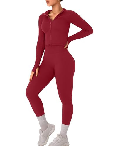 OLCHEE Womens Workout Sets 2 Piece Seamless Ribbed Long Sleeve Yoga Outfits High Waist Leggings Zipper Jacket Thumb Hole Gym Set - Cherry Red Small | Amazon (US)