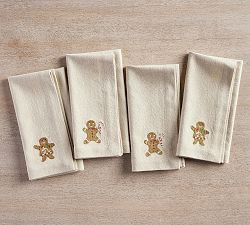 Gingerbread Embroidered Cotton Napkins - Set of 4 | Pottery Barn (US)