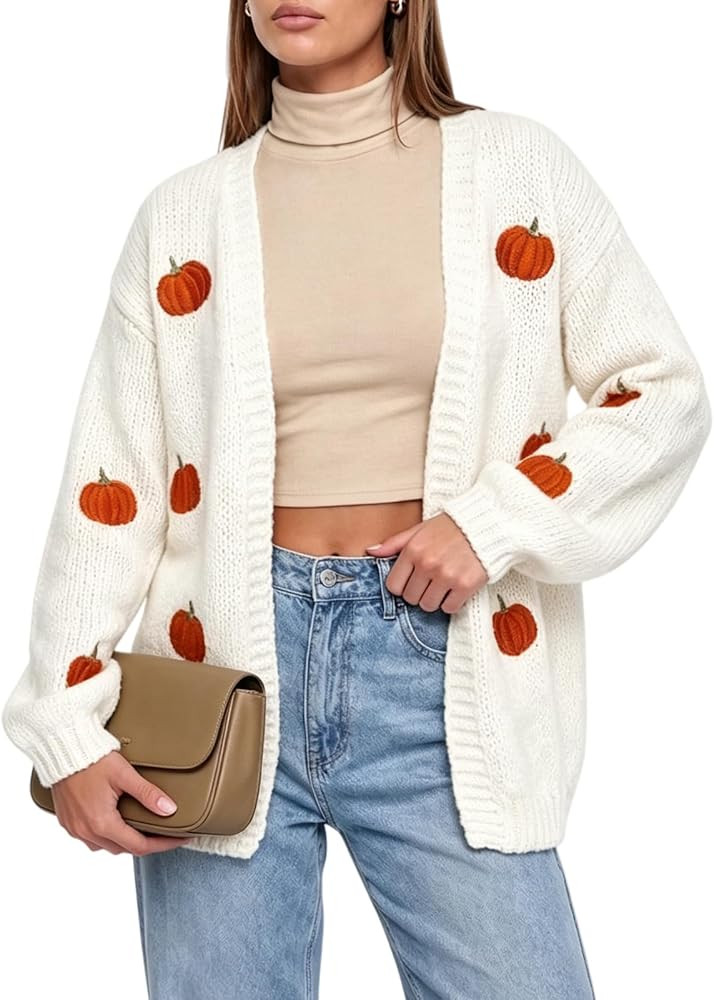 Women's Halloween Pumpkin Knit Cardigan Long Sleeve Open Front Knitted Sweater Fall Outwear Coat ... | Amazon (US)