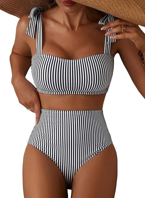 Herseas Women's Tie Shoulder Bikini Sets 2 Piece Striped Swimsuits High Waisted Bathing Suits | Amazon (US)