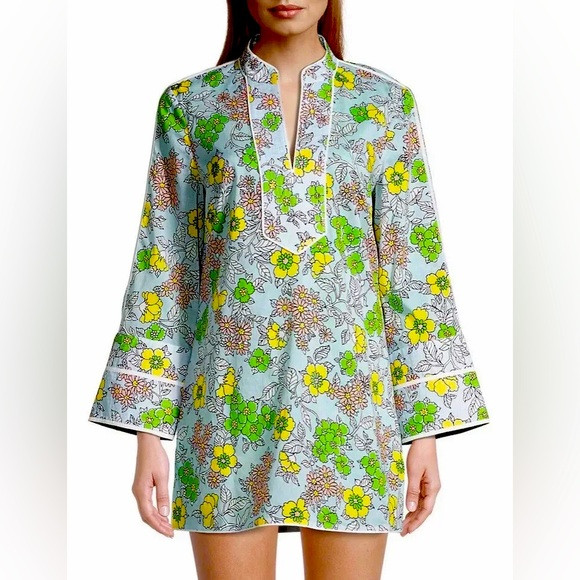 Tory Burch Pale Blue Floral Wallpaper Print Cotton Tunic CoverUp XS NWT $298 | Poshmark