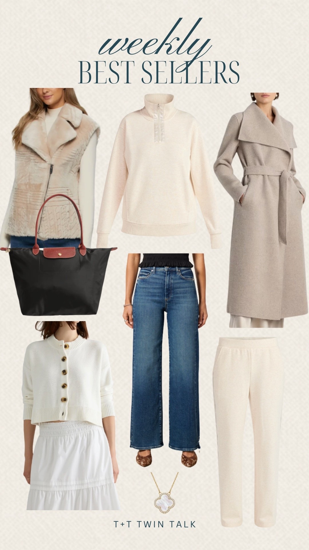 Weekly best sellers are in! We are loving the longchamp bag, quince white cardigan, and matching set from Walmart! Plus, the clover necklace is back in stock so grab it before it’s gone! 

#LTKOver40 #LTKSeasonal #LTKMidsize