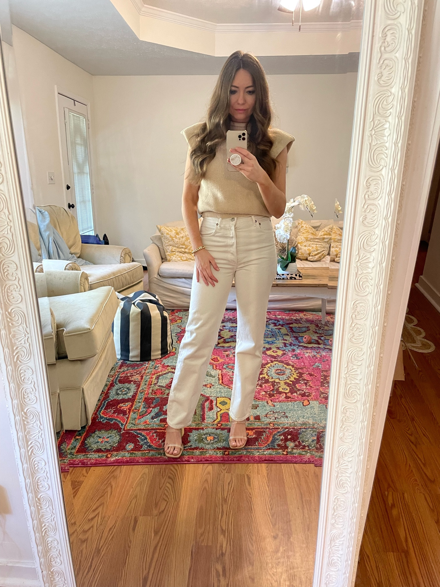 Agolde 90’s pinch waist white jeans. I’m 5’5. Amazon shoulder pad sweater 