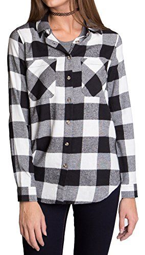 Women's Roll-Up Sleeve Plaid Check Flannel Shirt (Large, White-Buffalo_1896) | Amazon (US)