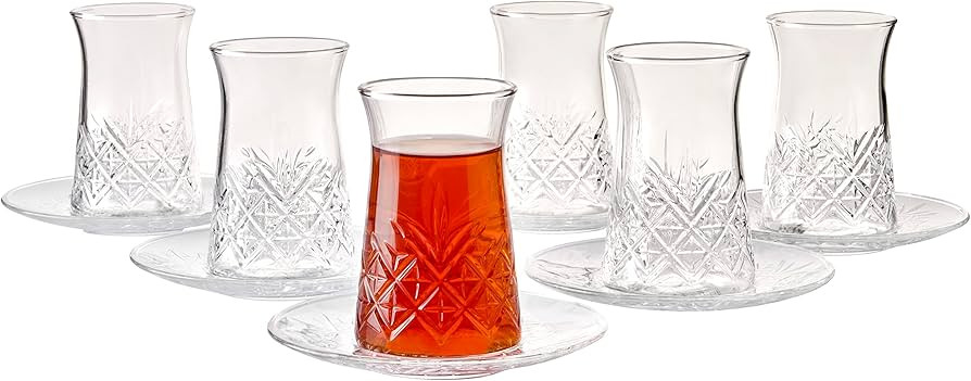 Pasabahce Crystal Turkish Tea Glasses and Saucers, Set of 12 Turkish Tea Cup Set, 6 Cups and 6 Pl... | Amazon (US)