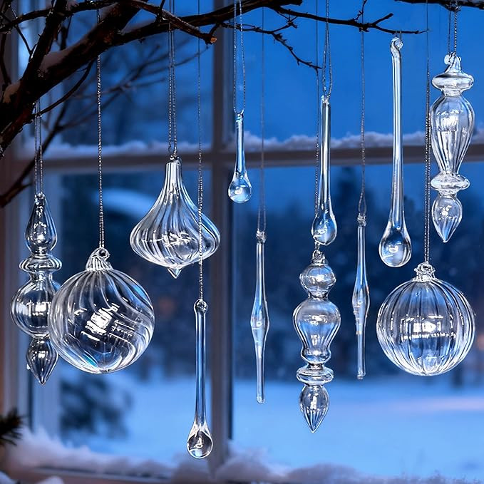 Christmas Glass Finial Ornaments, 12Pcs Clear Glass Ball Teardop Hanging Crystal Ornaments, Assor... | Amazon (US)