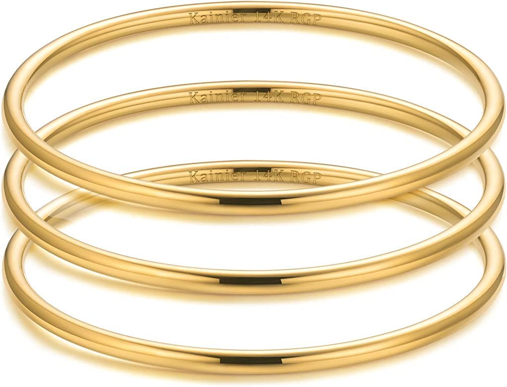 Amazon.com: Kainier 3mm 14K Gold Plated Bracelet Stainless Steel Glossy Stackable Thin Round Bang... | Amazon (US)