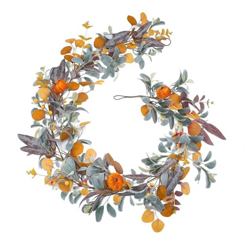Fall Garland with Lights, 6FT Fall Leaves Garlands, Artificial Eucalyptus Garland with Pumpkins Berries for Home Mantle Fireplace Decor Thanksgiving Christmas Party Autumn Decoration (6FT) | Amazon (US)