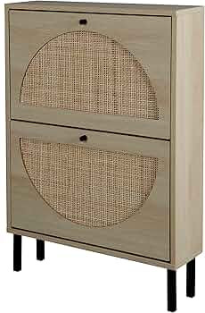 ZeHuoGe Natural Rattan Shoe Cabinet with 2 Flip Drawers, Modern 2-Tier Shoe Rack Storage Cabinet ... | Amazon (US)