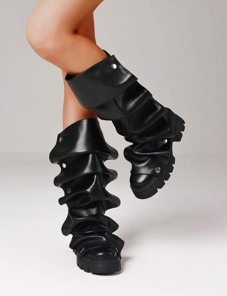 Women Mid Calf Boots Platform Heels Rouch Boots Fold Over Chunky Heel Short Booties Round Toe Wide Calf Pull-On Shark Boots Daily Party Y2K Dress Shoes Black Boots | SHEIN