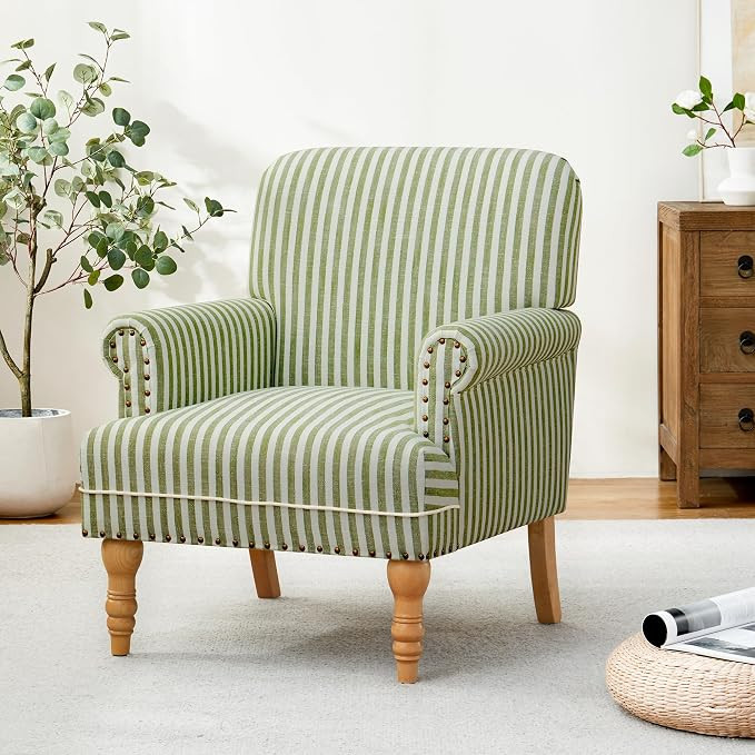 Linen Fabric Accent Chair, Mid-Century Modern Upholstered Armchair with Solid Wood Legs, Comfy Re... | Amazon (US)