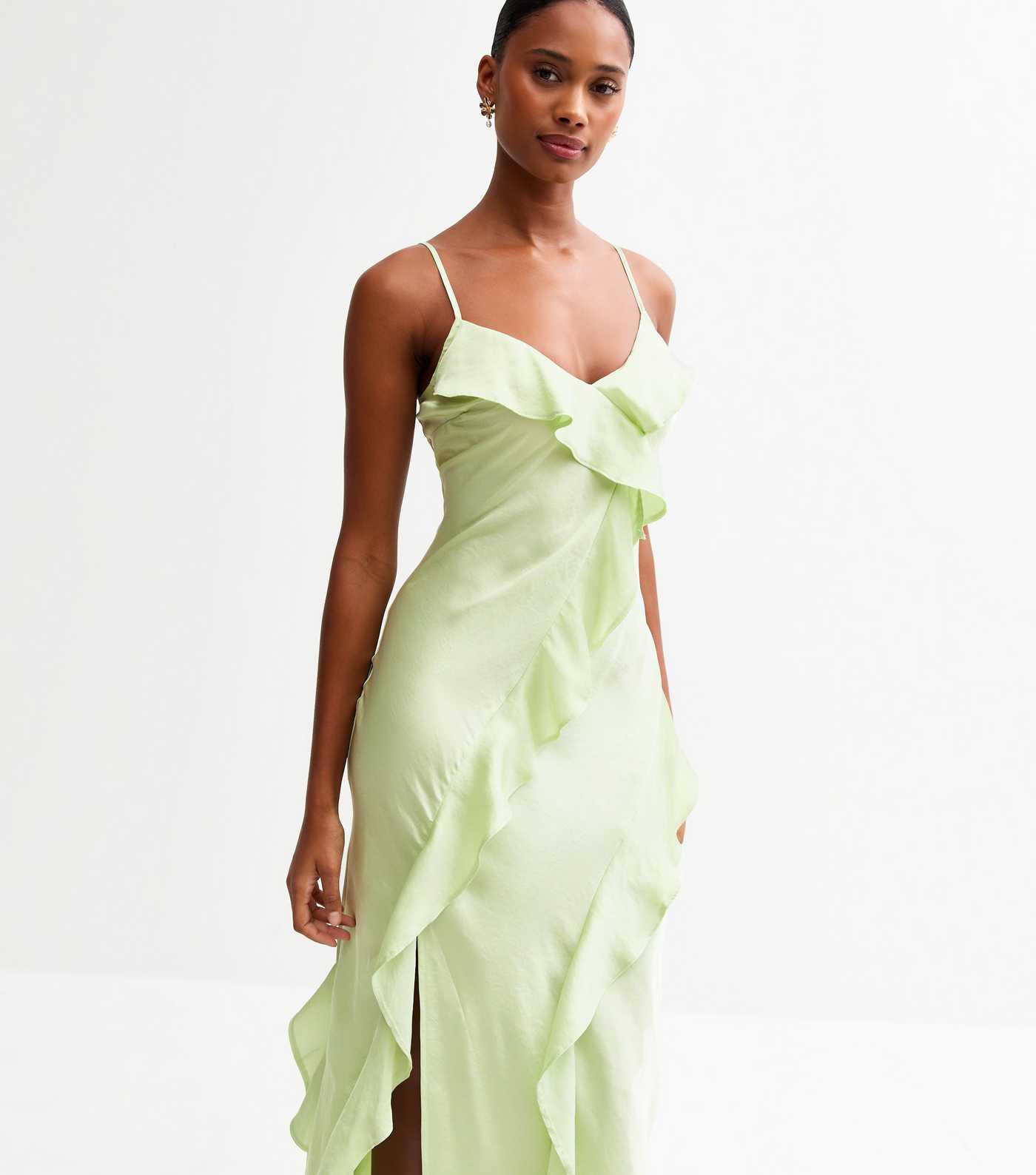Green Ruffle Trim Satin Midi Dress | New Look | New Look (UK)