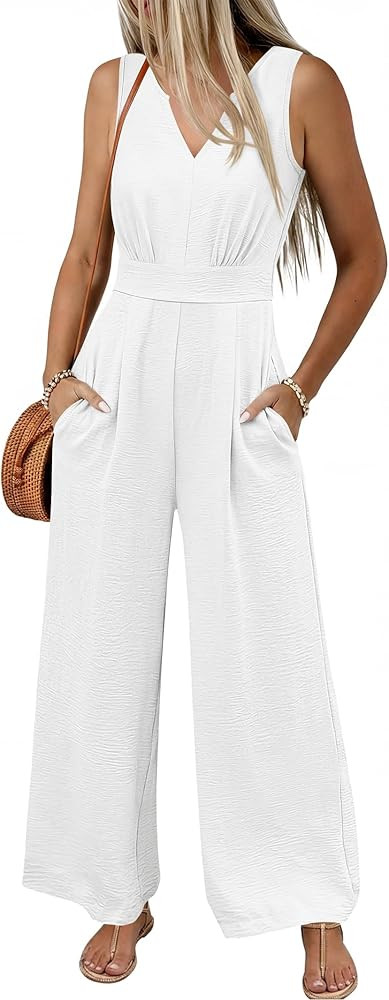 ANRABESS Women Jumpsuits 2026 Casual Sleeveless V Neck Wide Leg Jumper Romper Beach Vacation Clot... | Amazon (US)