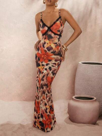 Opulessa Women's Burnt Orange Summer Boho Holiday Vacation Dress,Floral Print Contrast Lace Merma... | SHEIN