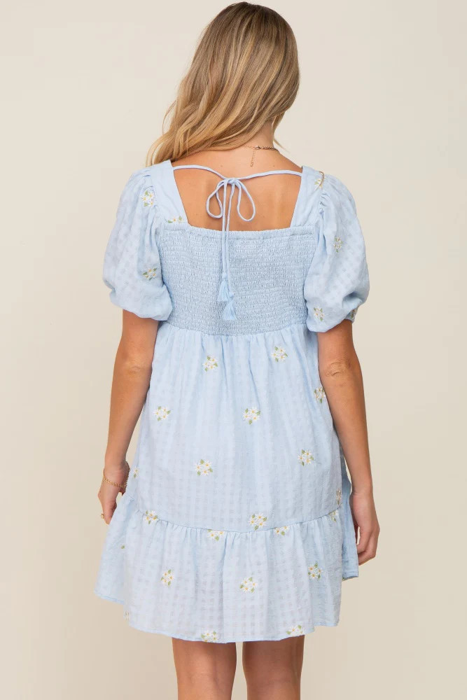 Light Blue Floral Embroidered Puff Sleeve Maternity Dress | PinkBlush Maternity