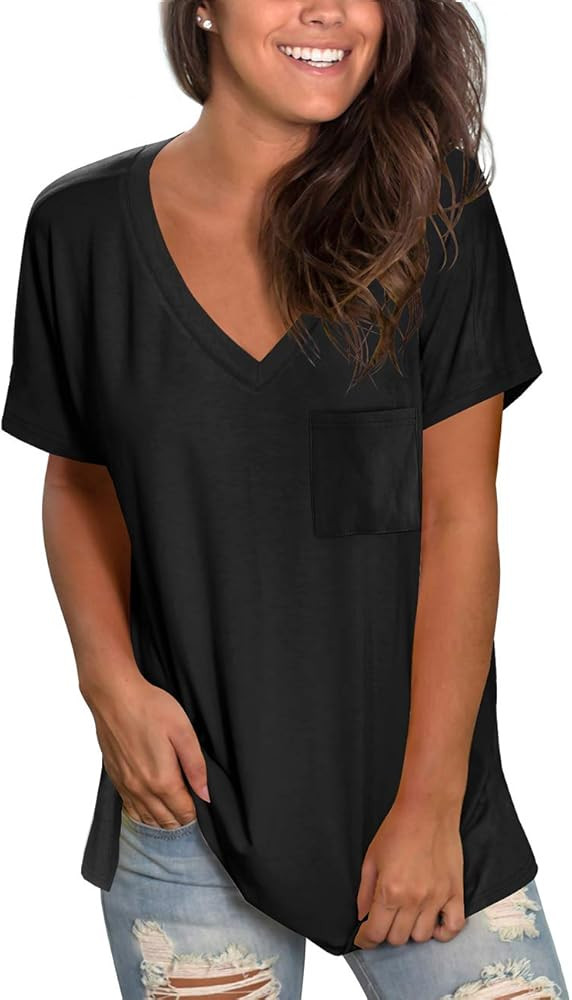 NSQTBA Womens Short Sleeve V Neck T Shirts Loose Casual Summer Tops Tees with Pocket | Amazon (US)