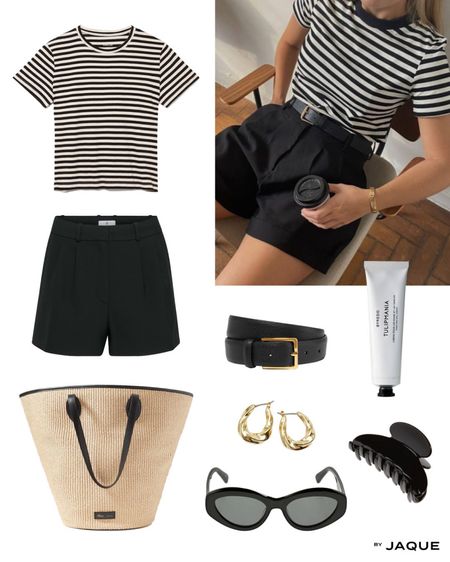 Summer outfit edit // striped tshirt, trouser shorts, leather belt, raffia tote bag, sunglasses, claw clip, golden earrings, aesthetic look, minimal, old money, fashion 

#LTKSeasonal #LTKstyletip