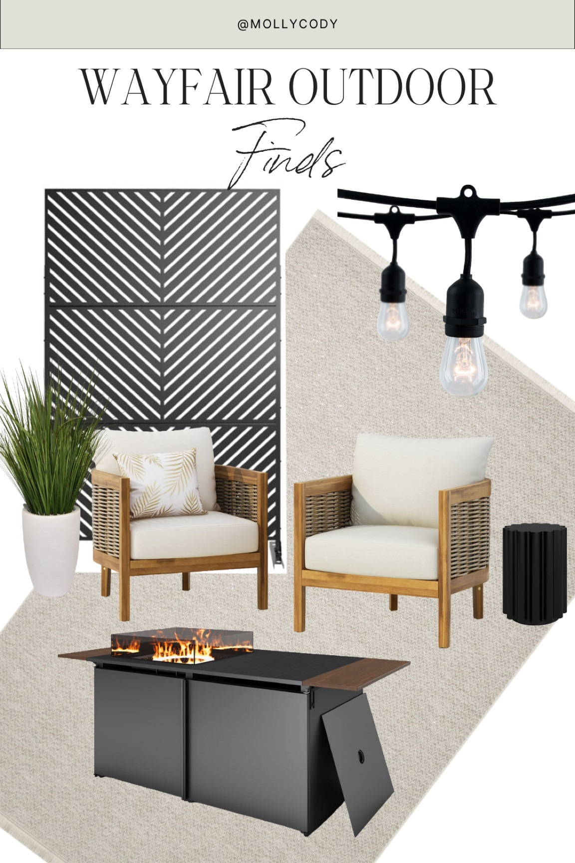 Outdoor wayfair Memorial Day finds! 

Privacy screen, accent chairs, fire pit, string lights, plants, side table 

#LTKGiftGuide #LTKHome #LTKSeasonal