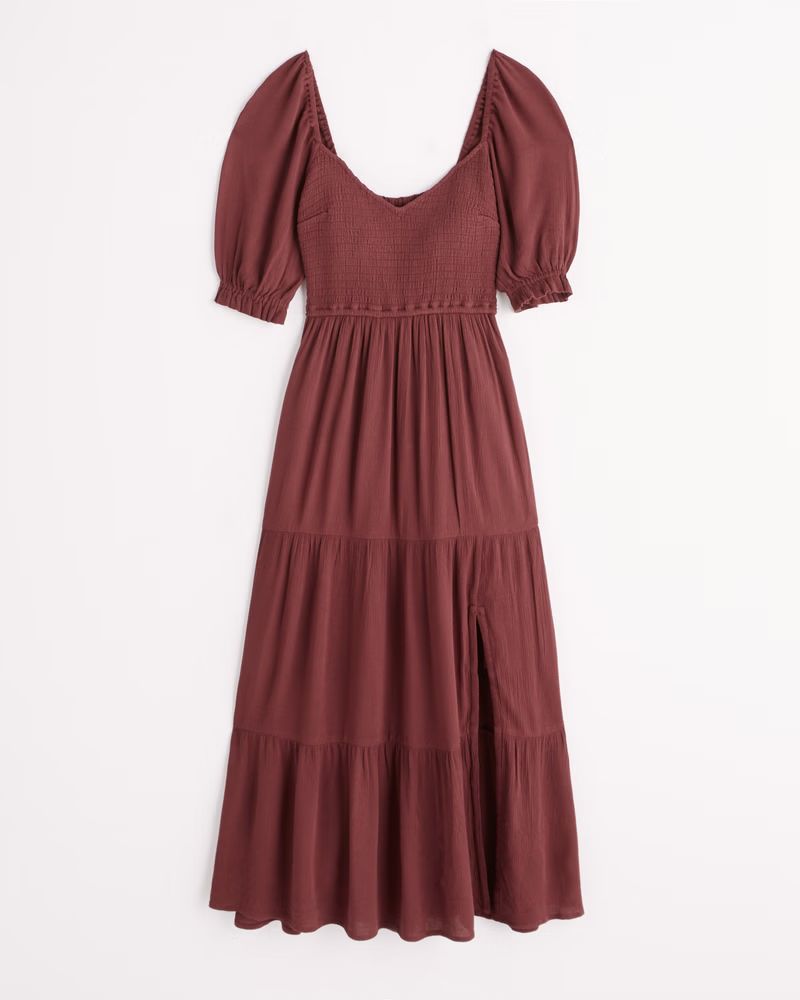 Women's Short-Sleeve Smocked Midi Dress | Women's New Arrivals | Abercrombie.com | Abercrombie & Fitch (US)