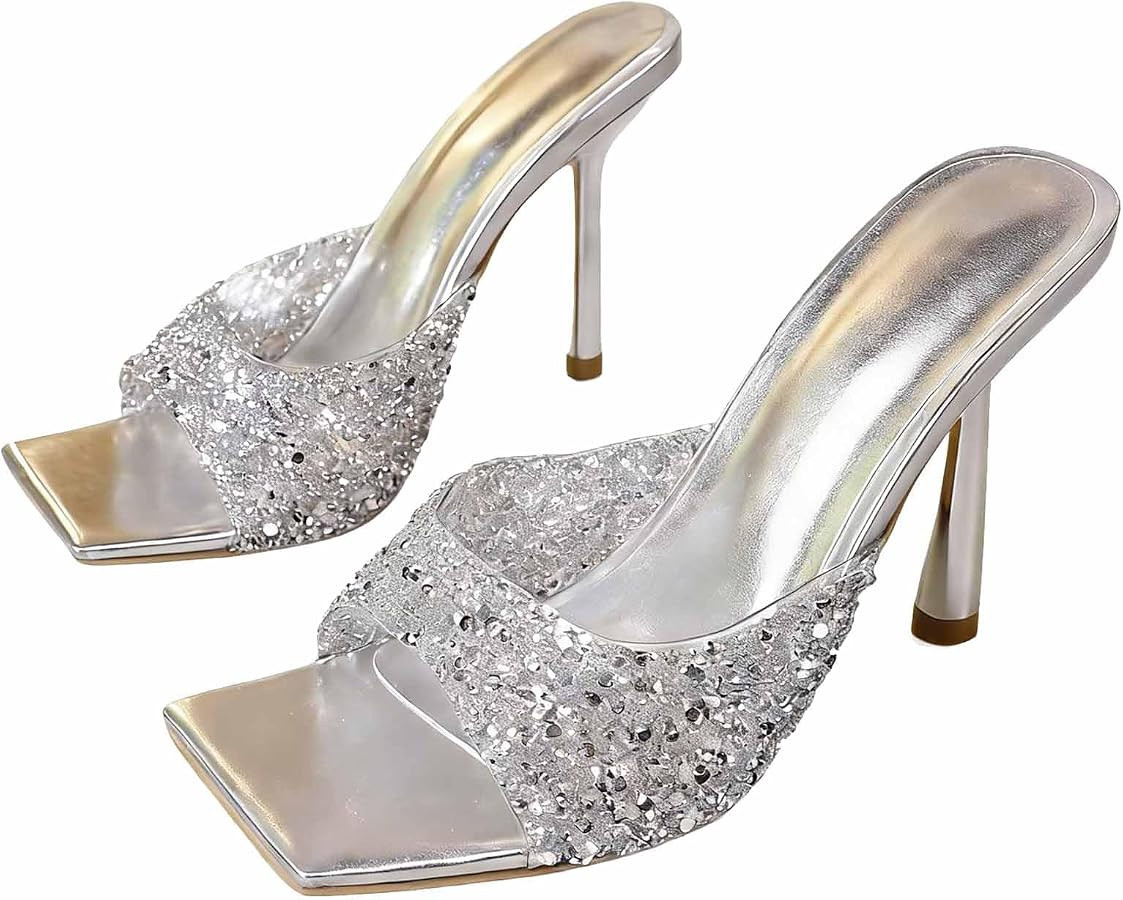 Women's Wide Strap Shiny Rhinestones Stiletto Mules Sandals Sexy Square Open Toe Slip on Slip-Res... | Amazon (US)