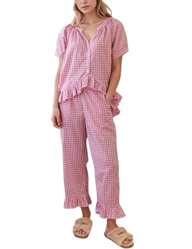 Flygo Womens Plaid 2 Piece Pajamas Sets Gingham Button Down Puff Sleeve Babydoll Shirt Ruffle Pants Y2K Pjs Lounge Set(Pink-M) | Amazon (US)