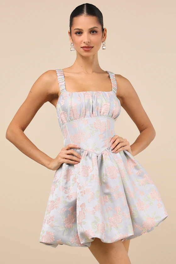 Sweet Charm Light Blue Jacquard Bubble-Hem Mini Dress | Lulus