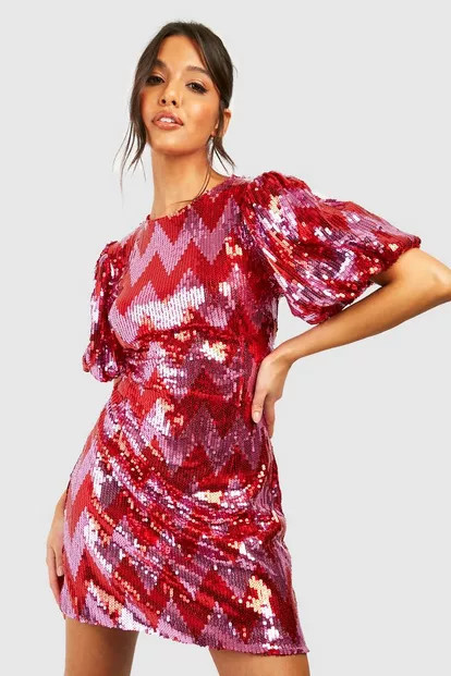 Sequin Zig Zag Puff Sleeve Shift Party Dress | Boohoo.com (US & CA)