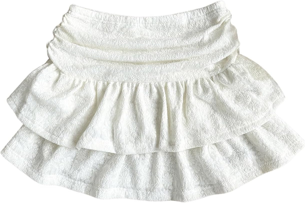 Women's Tiered Layer Shirred Boho Skirts Casual Smocked Ruffle Trim Ruched Mini Skirt | Amazon (US)