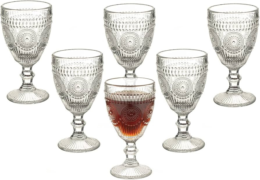 Vintage Wine Glasses Set of 6, 10 Ounces Colored Glass Water Goblets, Unique Flower Embossed Patt... | Amazon (US)