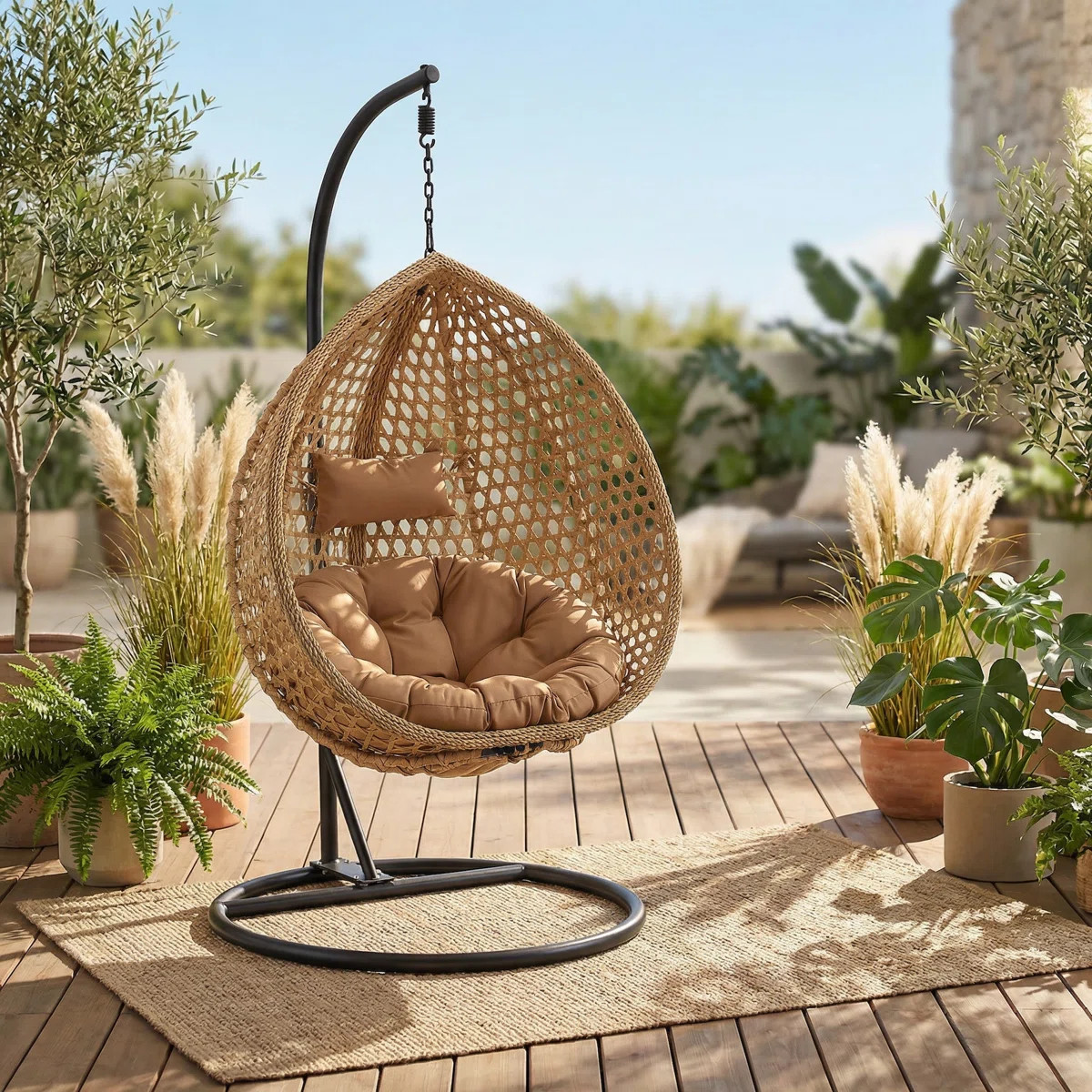 Chaviano Modern Indoor Outdoor Wicker Egg Chair with C-Stand, Teardrop Swing Chair with UV-Resist... | Wayfair North America