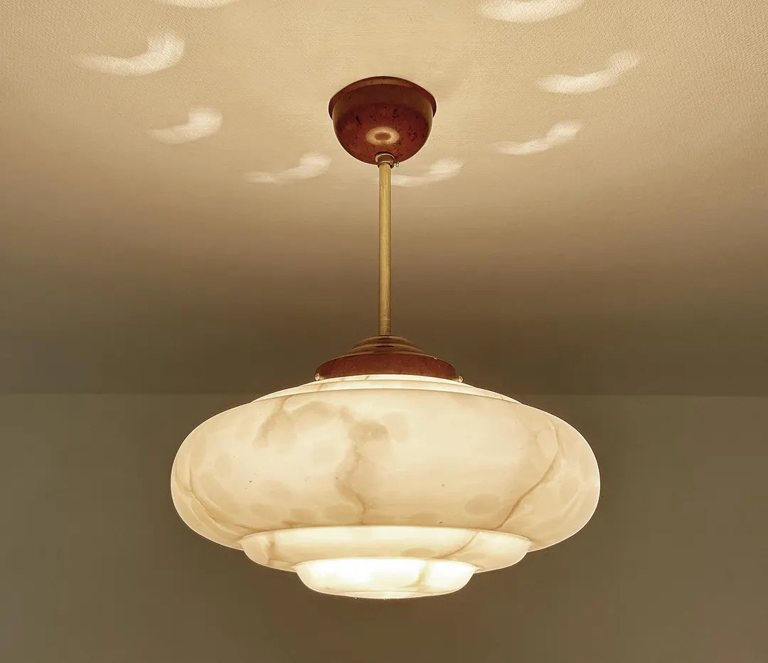 Stunning French Art Deco Pendant Light, Vintage Retro Chandelier, Pink Marble Glass Shade, Alabas... | Etsy (US)