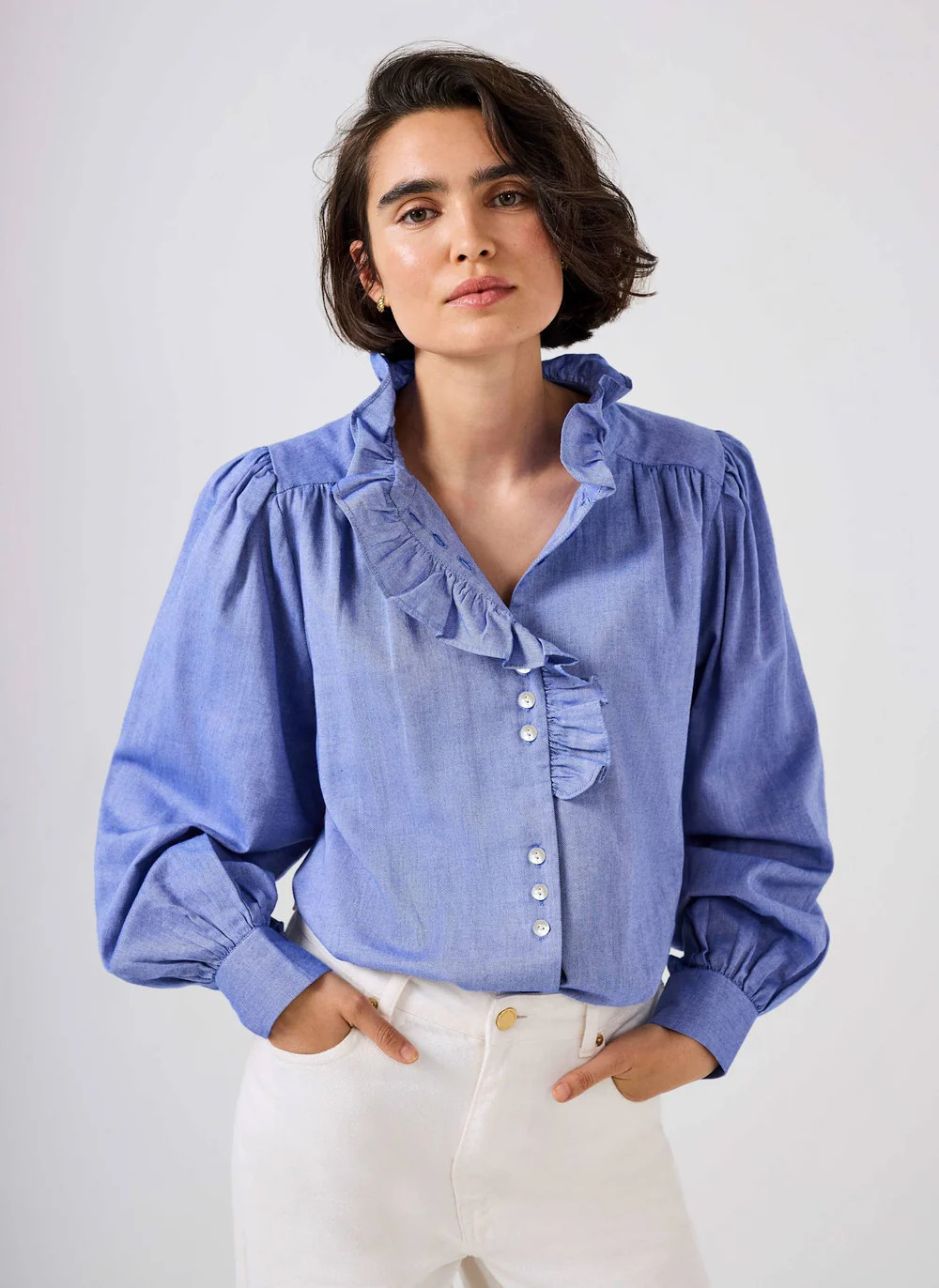Blue Cotton Chambray Ruffle Blouse | Mint Velvet