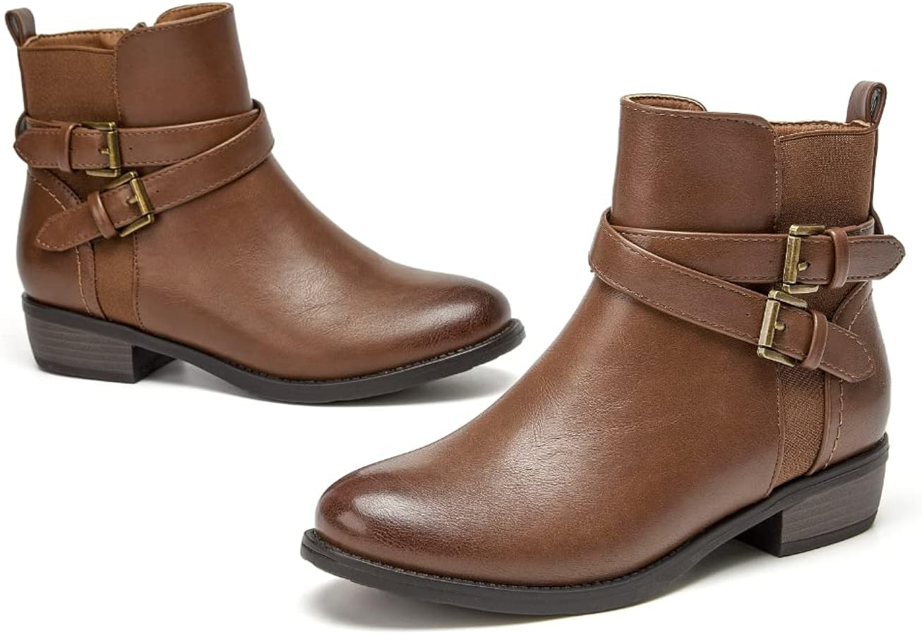 VJH confort Women's Ankle Boots,Round Toe Low Heel Comfort Elastic Booties with Side Zipper Buckl... | Amazon (US)