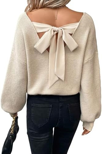 GORGLITTER Women's Bow Fall Sweaters 2025 Cable Knit Chunky Oversized Long Sleeve Backless V Neck... | Amazon (US)