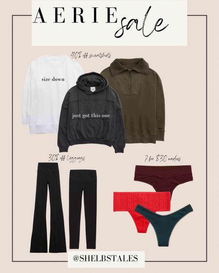 Aerie sale favs! Just picked up some undies on the 7/$30 sale today. The “real me” style is my fav. The black hoodie is TTS (ordered a med) and the white & green sweatshirts run big (size down). Both leggings are in a med regular 

#LTKtravel #LTKunder50 #LTKsalealert