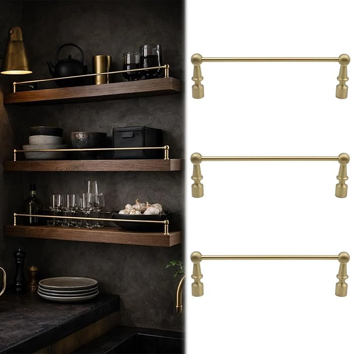 Vibeo Set of 3 Long Brass Railing for Kitchen Shelves, Anti-Fall Cabinet Metal Guardrail Bars, De... | Amazon (US)