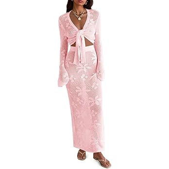 Saodimallsu Womens Crochet Swim Cover Up 2 Piece V Neck Long Sleeve Wrap Tie Crop Tops Beach Boho... | Amazon (US)
