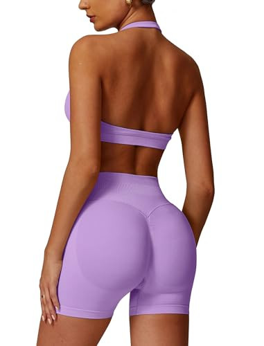 ABOCIW Workout Sets for Women Seamless High Waist Scrunch Butt Lifting Gym Impact Shorts Halter Sports Bra 2 Piece Yoga Outfits Purple X-Small | Amazon (US)