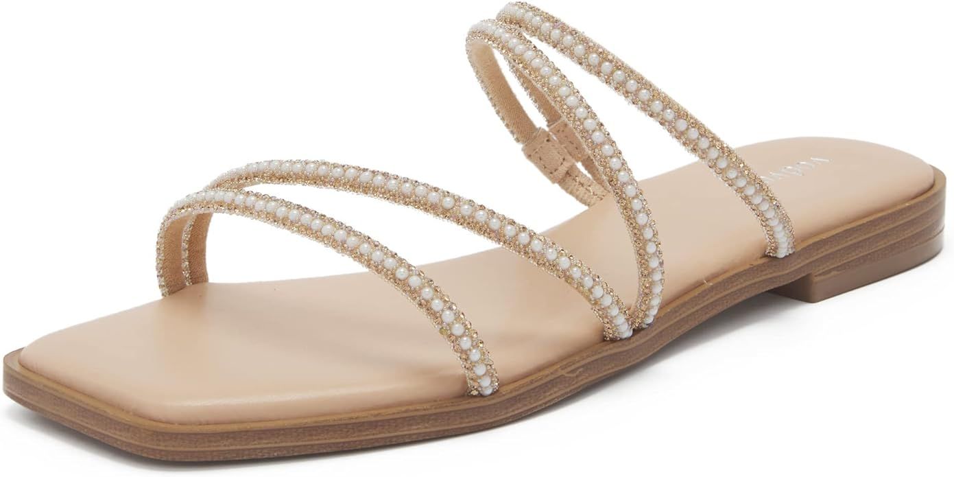 vodvob Women's Rhinestone Flat Sandals Slip on Memory Foam Sandals Open Toe Slide Sandals | Amazon (US)