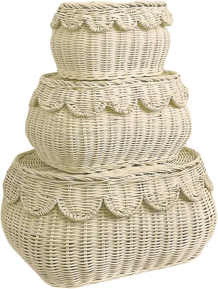 Scalloped Basket with Lid Set of 3,Stackable Baskets for Organizing, Scalloped Wicker Basket, Wov... | Amazon (US)