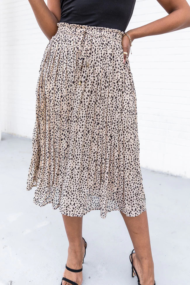 Timeless Impression Taupe Leopard Accordion Style Midi Skirt | Pink Lily