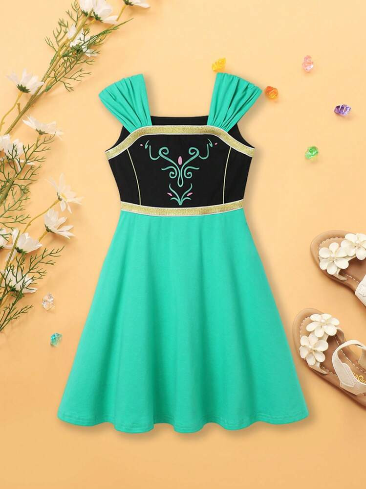 Young Girl Mint Green Plant Print Dress With Thick Shoulder Straps And Spaghetti Straps | SHEIN