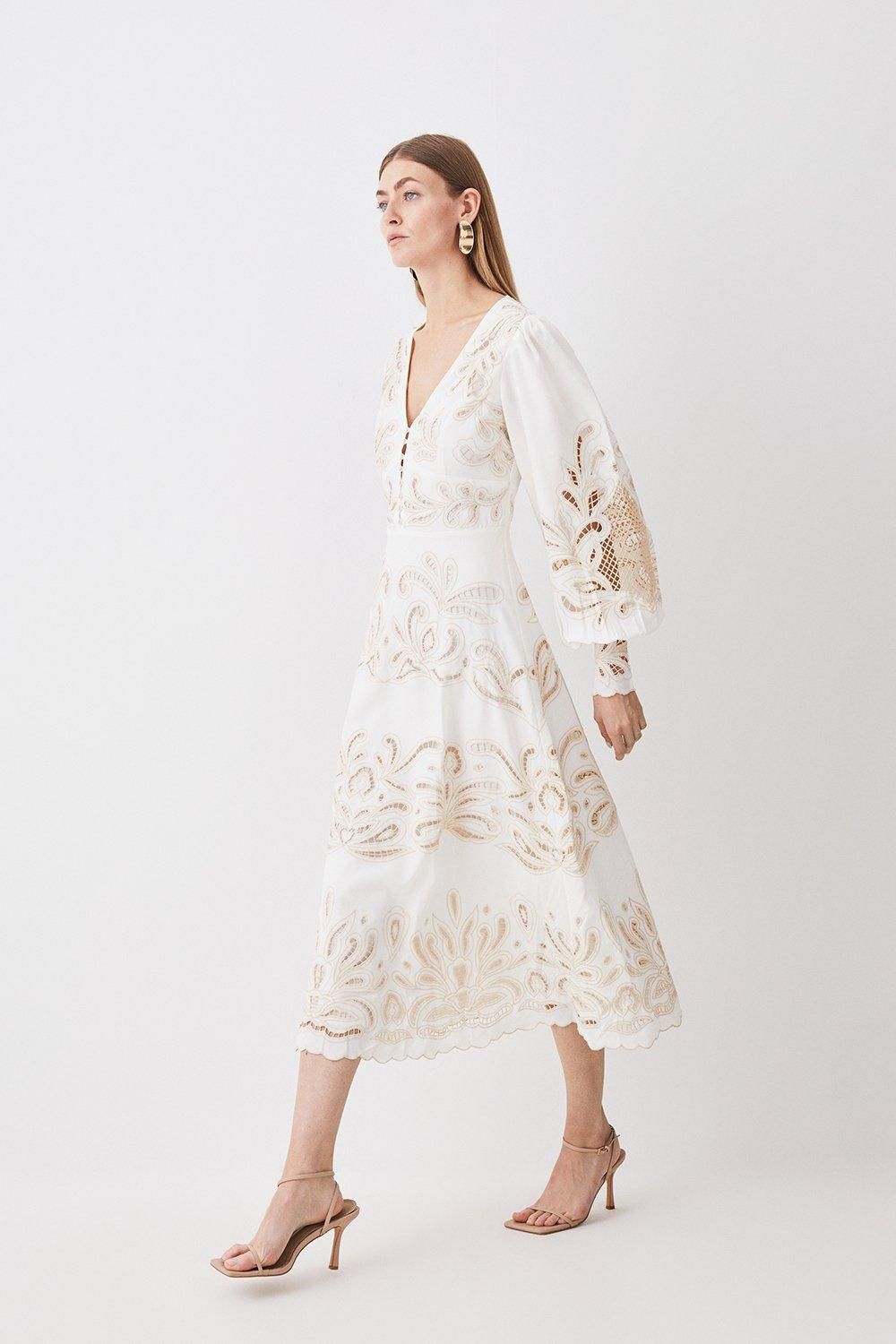 Mirrored Cutwork Tie Front Woven Midi Dress | Karen Millen US