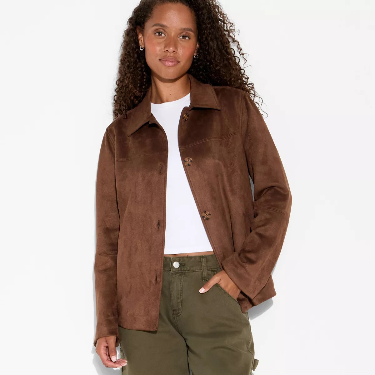 Women's Pointed Collar Faux Suede Chore Coat - Wild Fable™ Brown | Target
