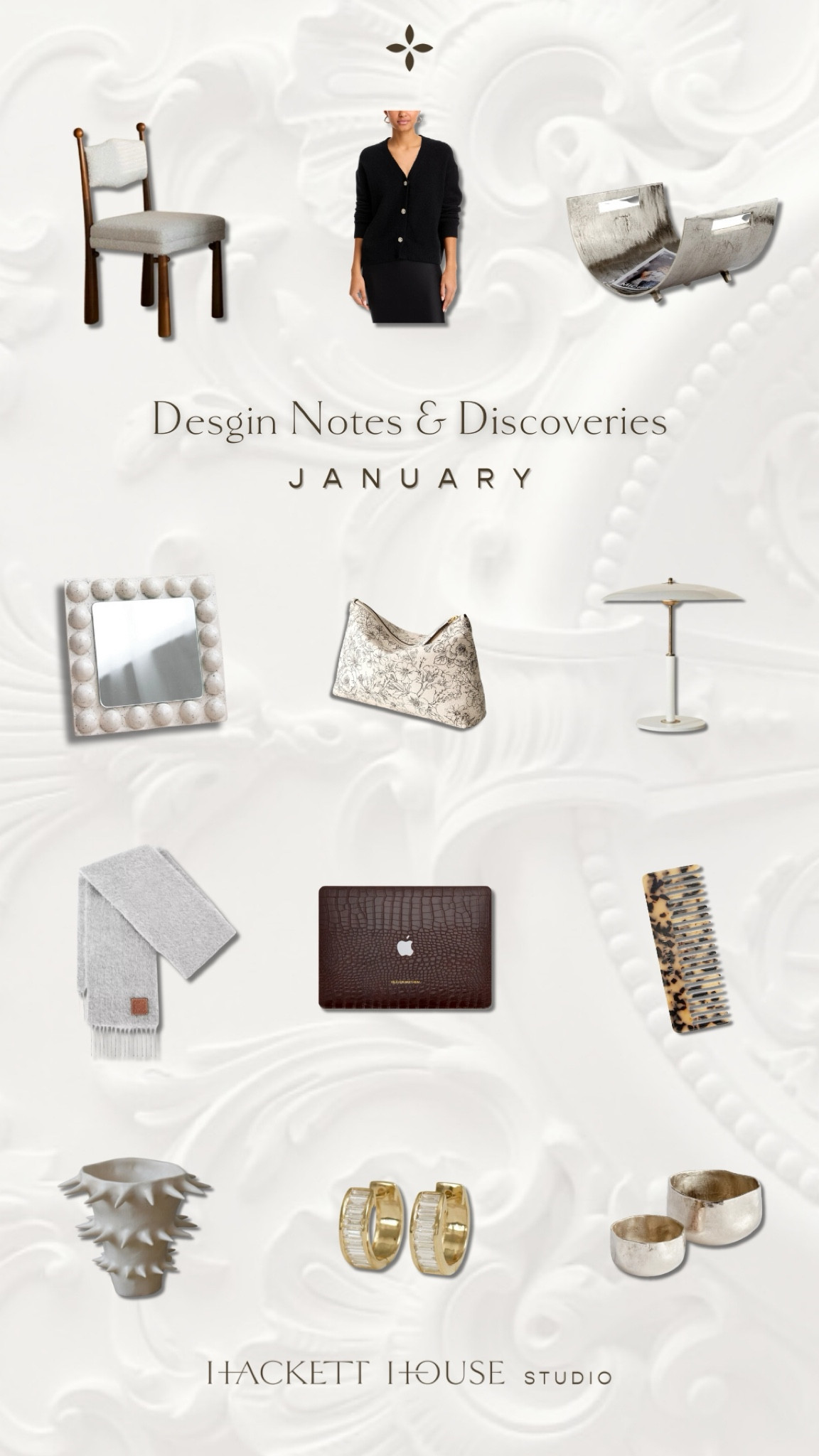 Design Notes & Discoveries is my monthly series where I share the spectacular design features I'm obsessed with as well as the amazing, shoppable discoveries I made throughout the month. After the holidays, I tend to enter more of a minimal state of mind. I start to purge and get rid of anything that doesn't have value. This month, I'm gravitating toward items that spark joy just by looking at them. A black cardigan with rhinestone buttons, a hammered metal magazine holder, brutalist vases and bobbin frames are just a few of the things that caught my eye this month.