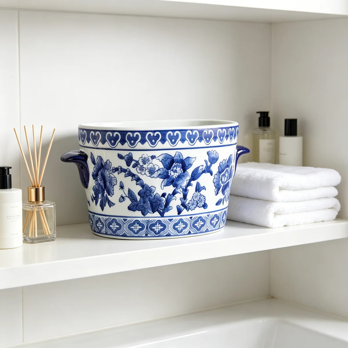 Blue and White Ceramic Planter Pot, Vintage Floral Oval Cachepot for Indoor Plants, Glazed Chines... | Wayfair North America
