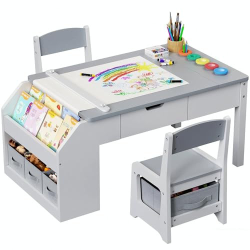 5-in-1 Kids Art Table and Chairs, Toddler Table and Chair Set, Craft Play Desk for Kids, Convertible Art Easel with Paper Roll Holder & Storage Drawers, Children Activity Learning Center-Gray | Amazon (US)